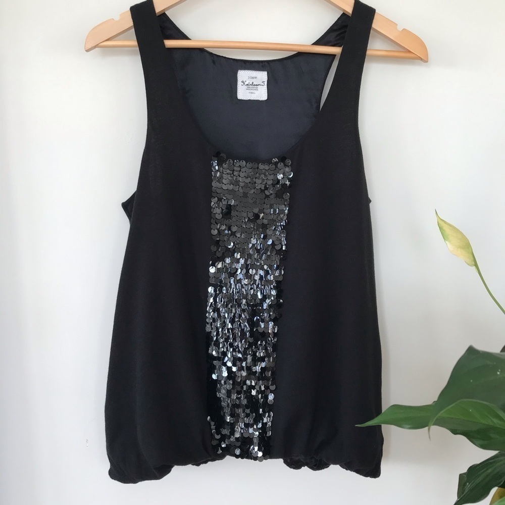 J. Crew tank top, sparkly sequins, stretch jersey knit, loose fitting, party top